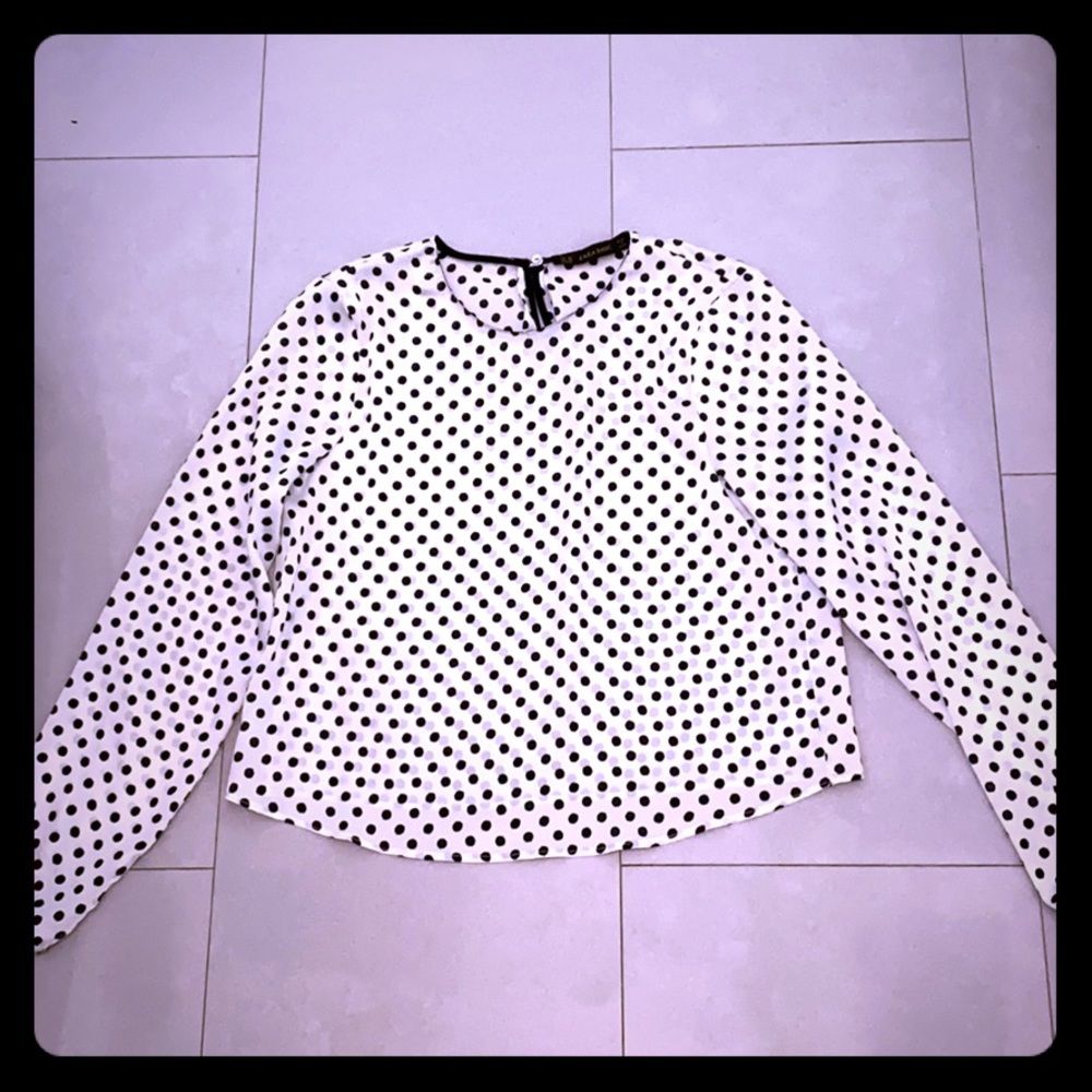 White Zara silk blouse with black polka dots